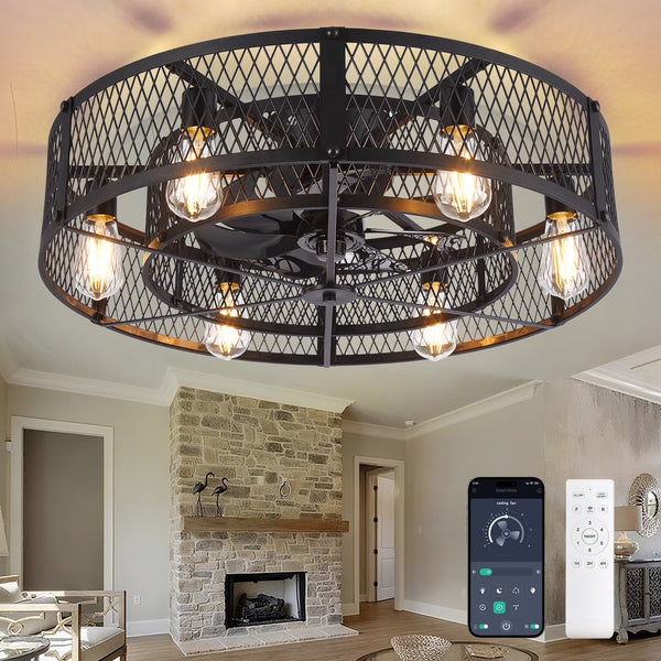 26 - Inch Farmhouse Caged Ceiling Fan with Light, Remote & APP Control Quiet DC Motor E26 Bulbs Included Black