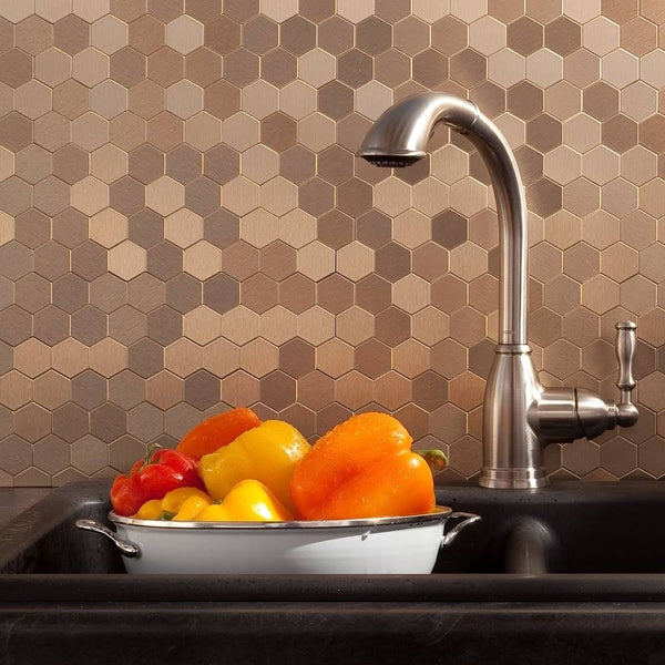 Aspect Peel and Stick Backsplash 11in x 4in Honeycomb Champagne Matted Metal Tile for Kitchen Bathrooms 3-Pack
